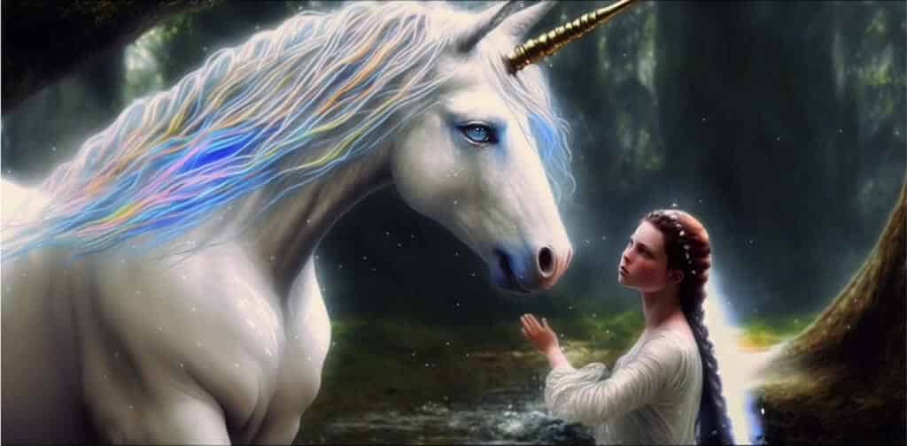 Girl with unicorn in the forest.