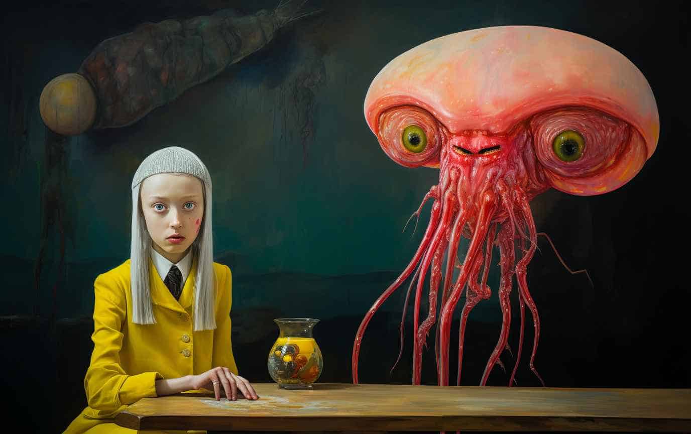 Surrealism style painting of a teenage girl and an alien that looks like a jelly fish.