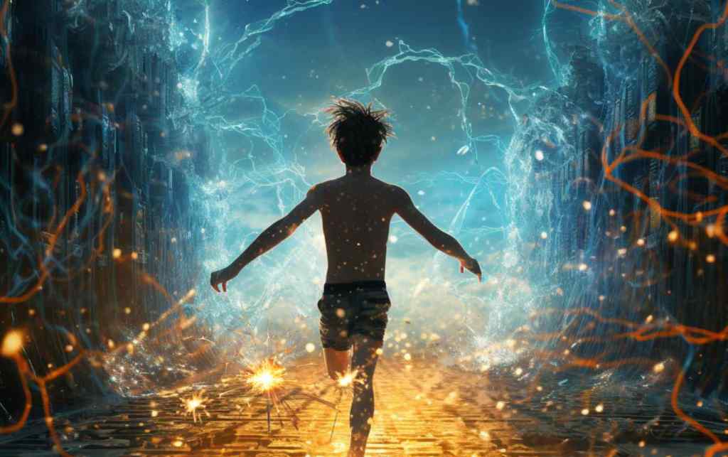 A teenage boy running with joy in a microscopic world of computer circuits and energy.