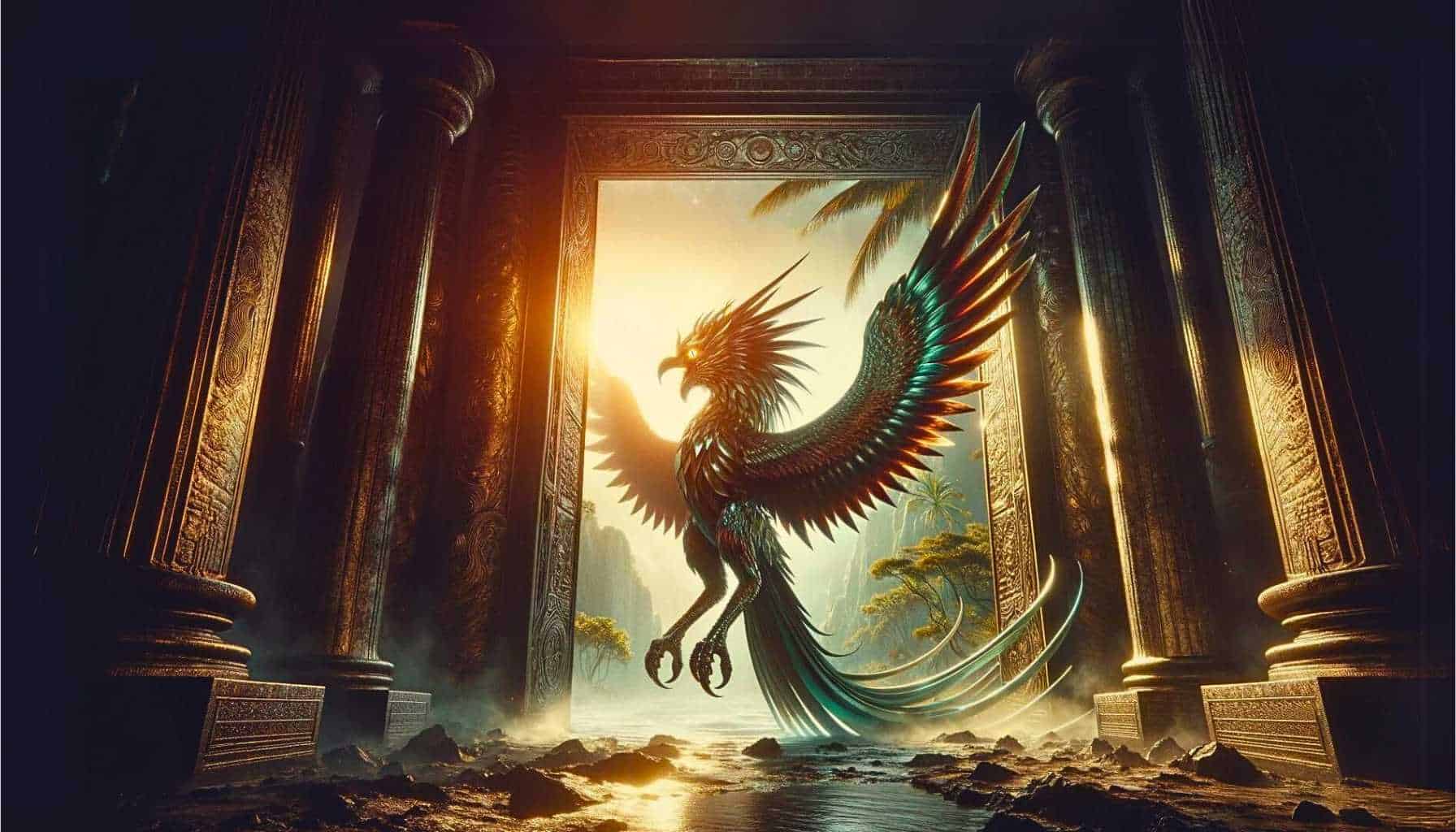 A striking image of a majestic half-bird, half-reptile creature, its vibrant, metallic wings spread in the entryway of an ancient temple. In the background of the image, there is a lush jungle.