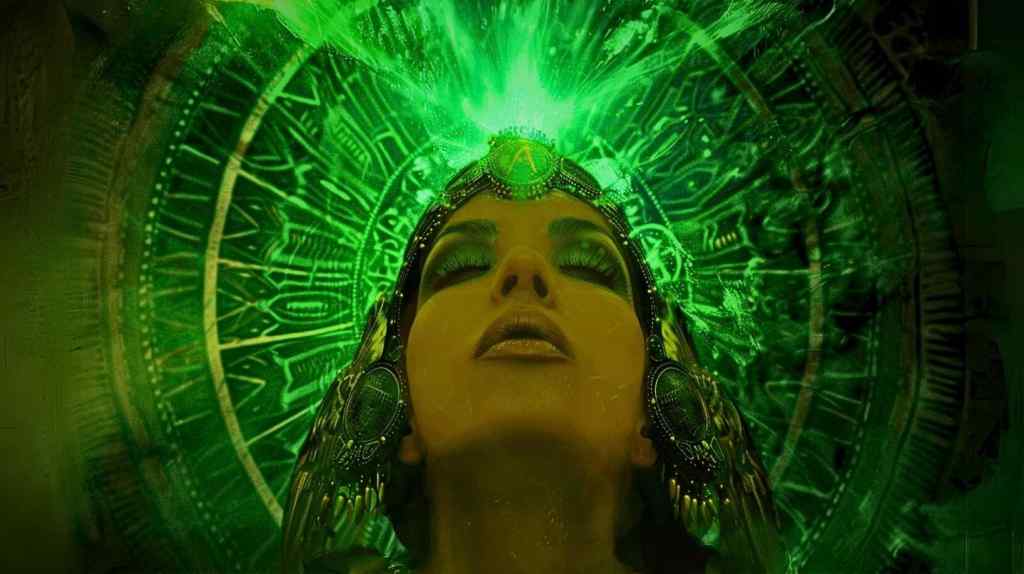 An close up image of Cleopatra's face haloed by futuristic emerald green light. Her eyes are closed, her expression determined.