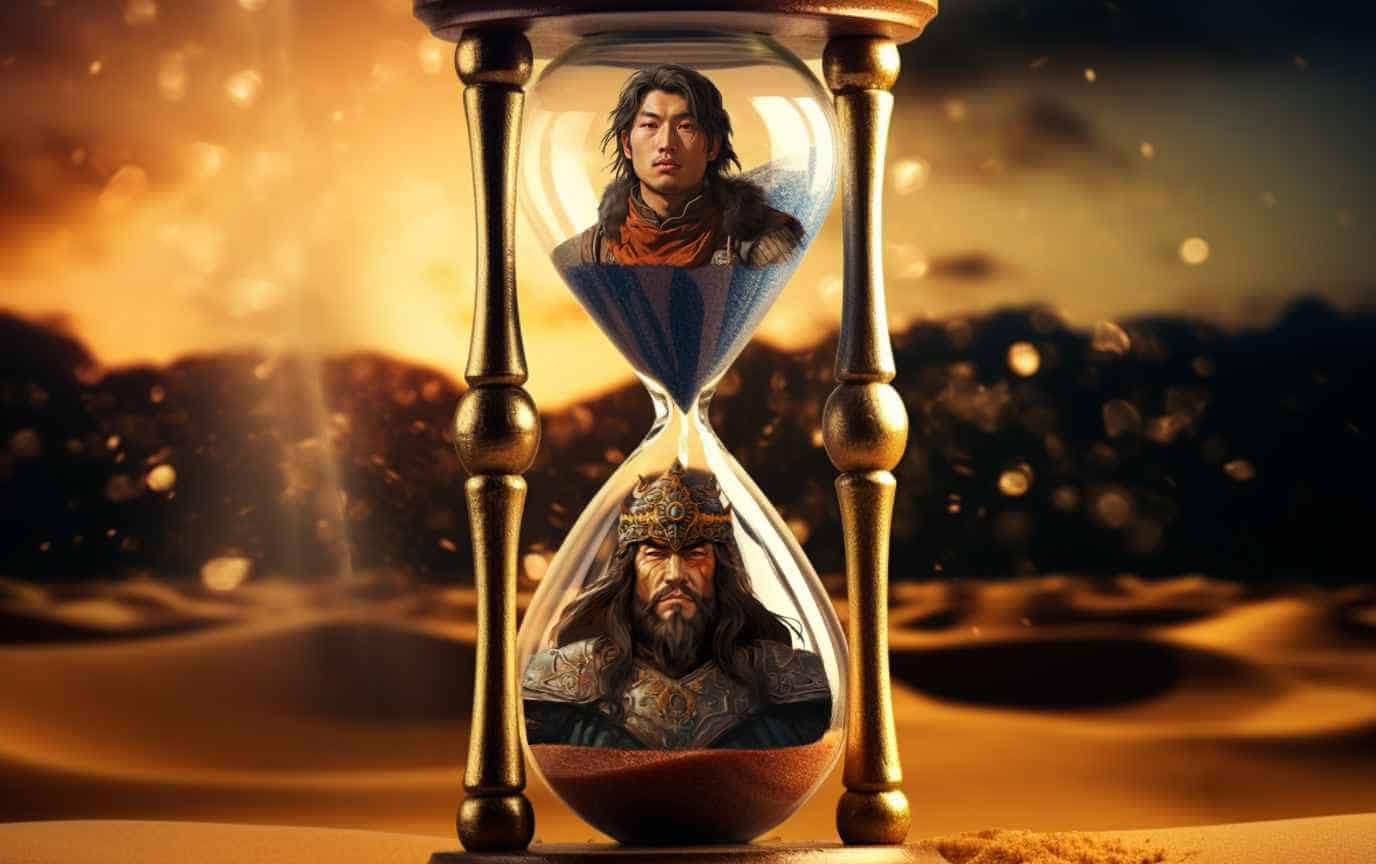 Symbolic - an hourglass with the image of a young Genghis Kahn at the top and the warrior king Genghis Kahn at the bottom of the hourglass.