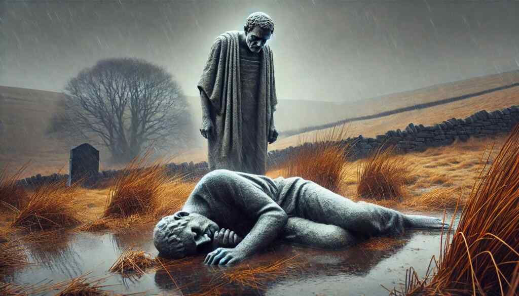 A dramatic scene depicting two stone statues in a desolate, rain-soaked countryside. The standing figure, Holt, is weathered, standing over a second stone man lying supine in an unkempt patch of yellow grass. The second statue is half-buried in slush and filthy water from a recent snowfall. The background features barren trees and misty hills, with a gloomy sky overhead.