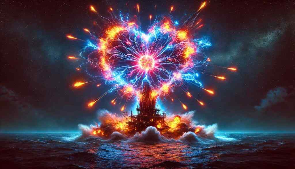 A dramatic nighttime scene of a futuristic ship being obliterated by a heart-shaped plasma explosion. The explosion radiates brilliant, multi-colored light with fiery tendrils spreading outward, while fragments of the ship fly apart amid billowing smoke. Flames engulf the ship’s remaining structure, and the surrounding ocean churns violently, illuminated by the fiery glow. The image captures an awe-inspiring and tragic moment of destruction in a highly detailed and cinematic style.