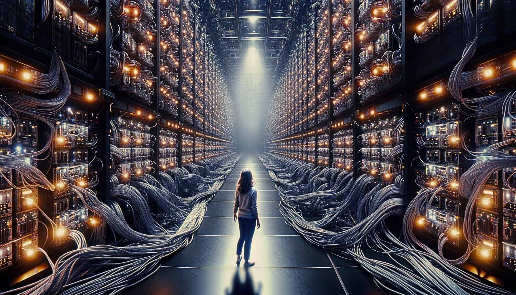 A silhouette of a woman is visible as she stands in a warehouse basement, surrounded by a thousand processors wired together into a massive computing grid.