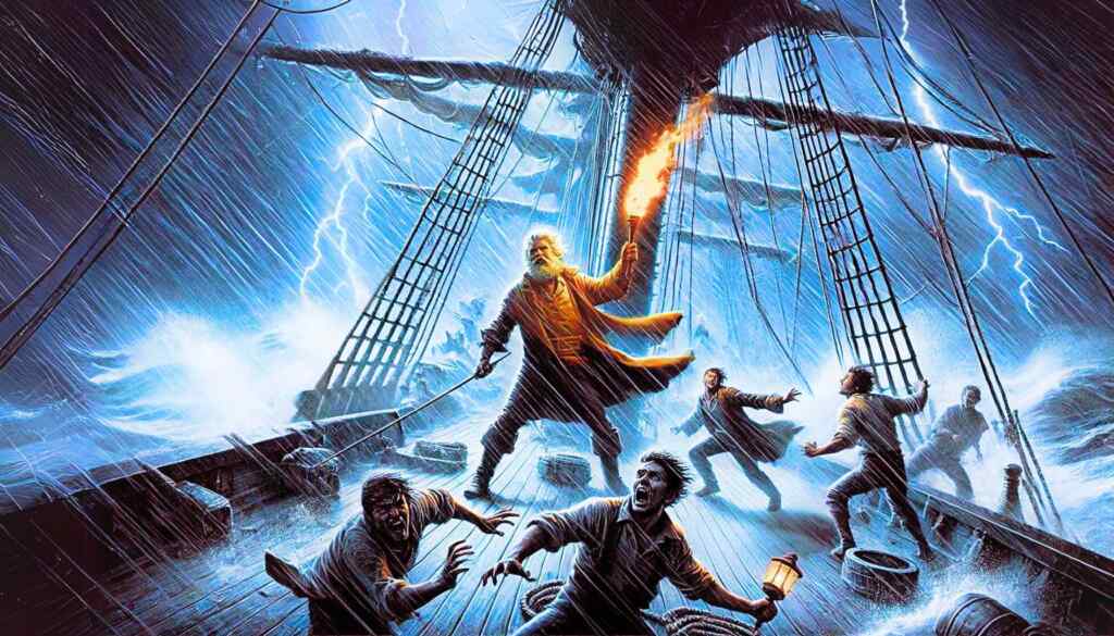 A dramatic scene showing a crew onboard a large wooden ship amidst an intense lightning storm. An old man stands in the middle of the chaos, holding a flaming torch in one hand and a lightning rod in the other, surrounded by terrified crewmen and stormy ocean waves.