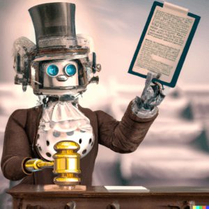 A steampunk robot judge holds a legal brief in one hand. His other hand is itself a gavel banging on its bench.