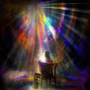 Shimmering lights around a person sitting in a chair.
