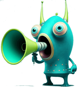 A colorful alien shouts into a megaphone