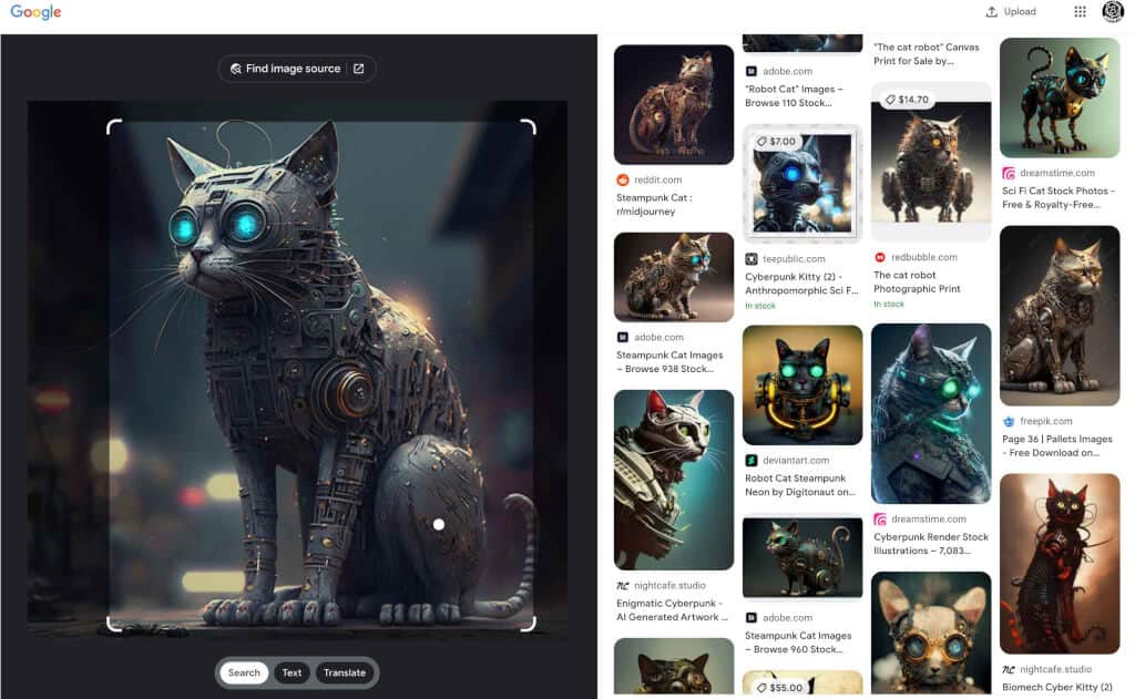 Google Lens page image showing an AI generated "Robot Cat" on the left, and similar images found online.