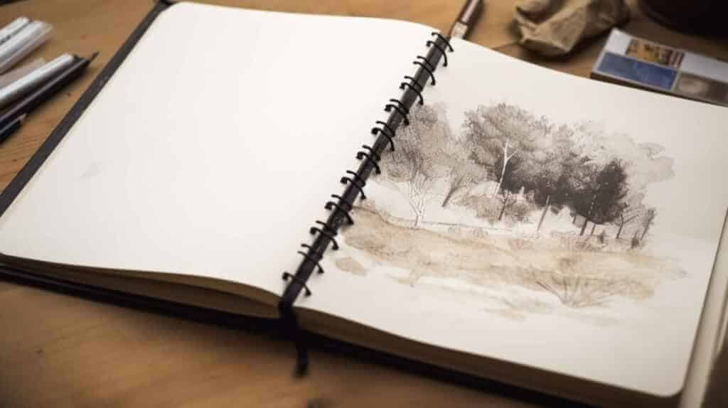 Open sketchbook with one blank page and one nature pencil drawing.