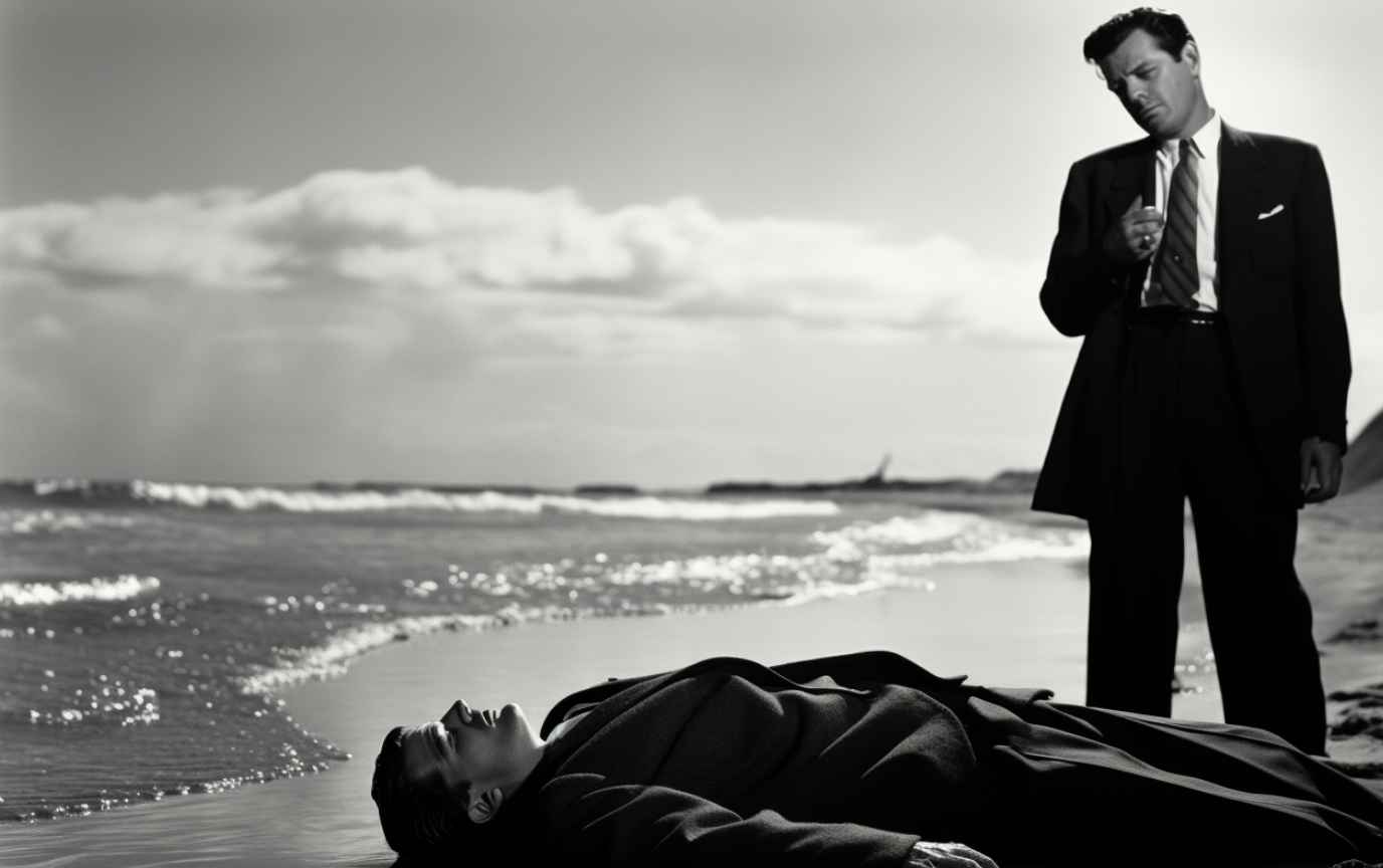 Dead man on the beach with a police detective looking at the body.