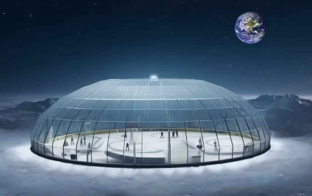 Hockey Rink on the moon with the Earth in the sky