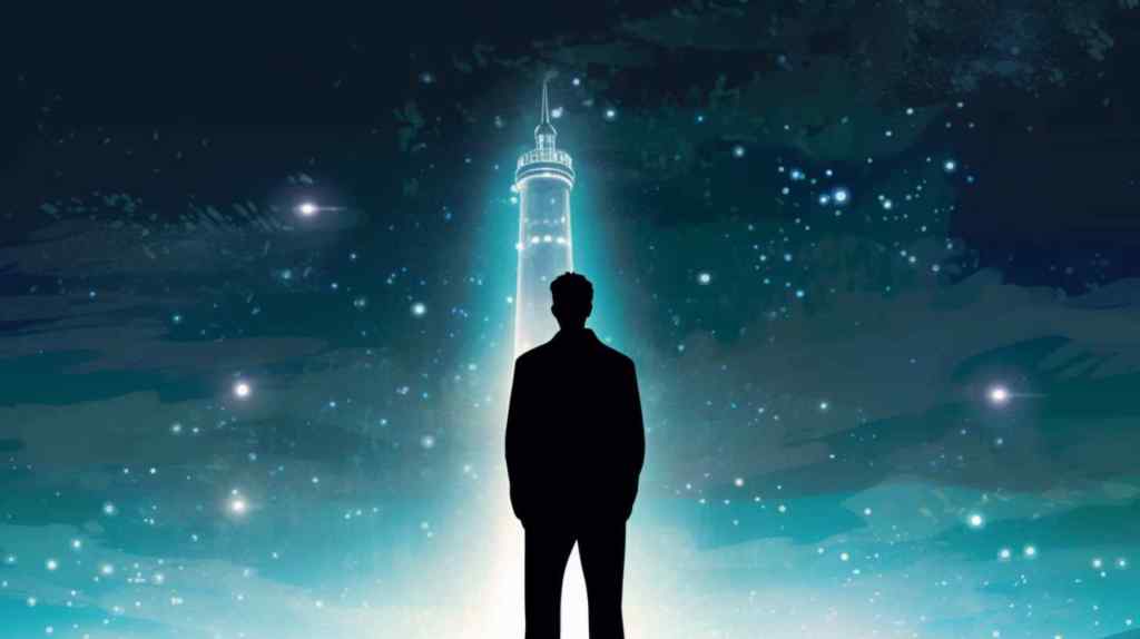 A young man looking at a tower on the moon under a dome.