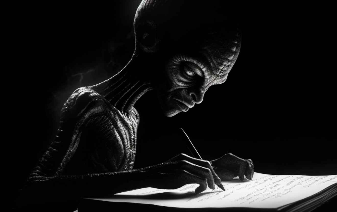 Alien writing in a book.