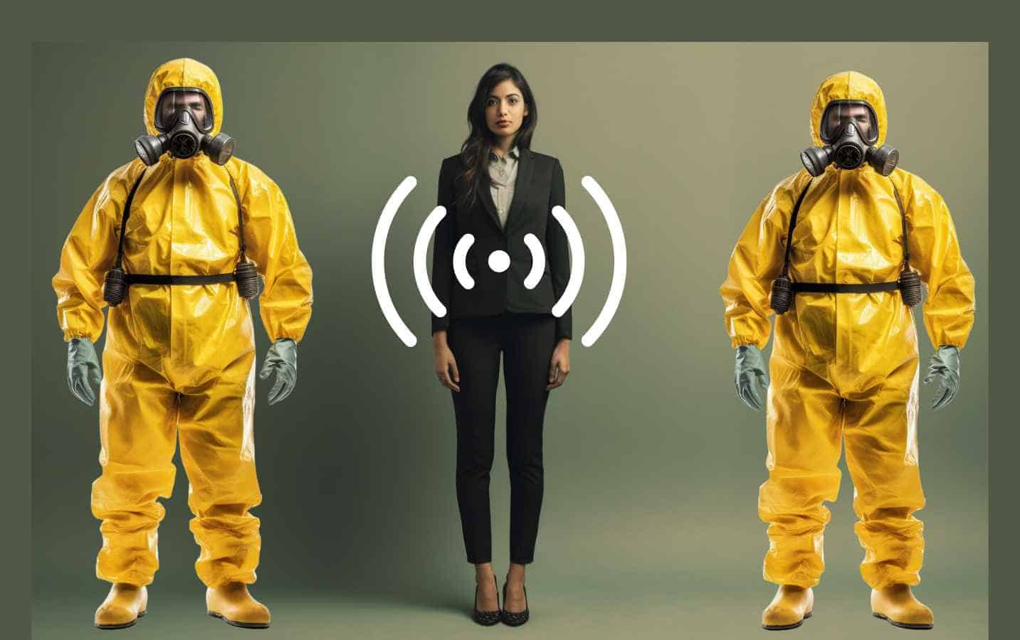 Woman with WIFI beams emanating from her surrounded by two men in hazmat suits