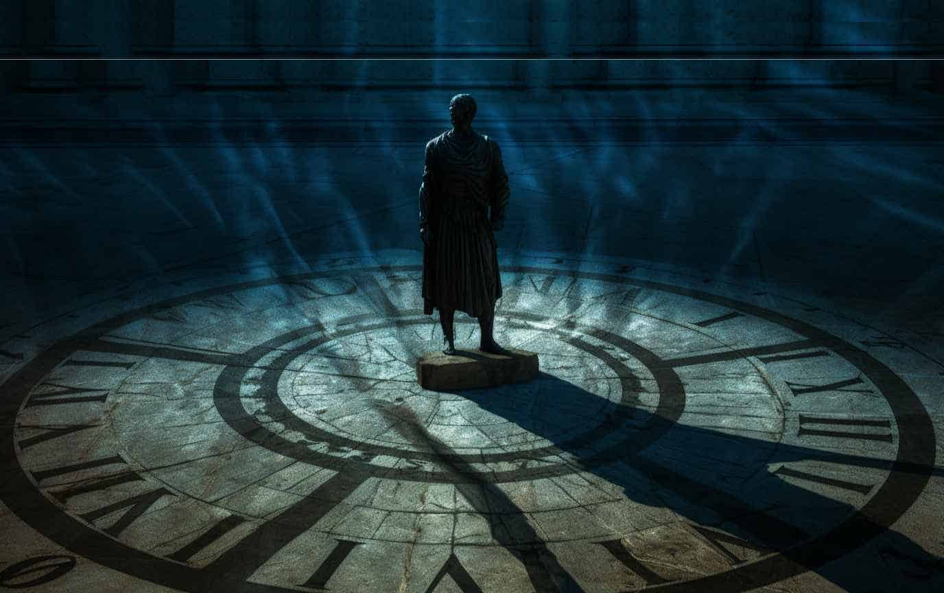 A dark figure stands on a Roman sundial.