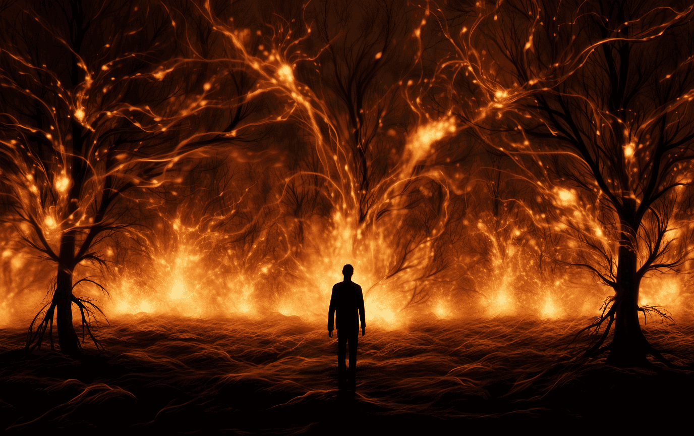 Man stands watching a grove of trees burn as the flames form a heart shape. 