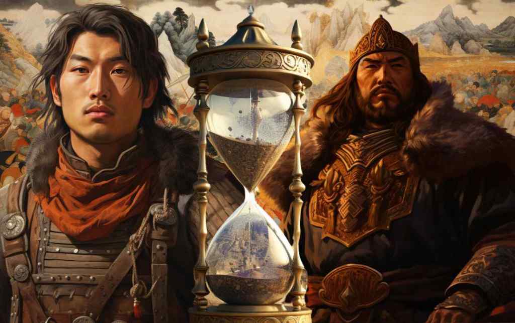 Young and older Genghis Kahn separated by an hourglass. 