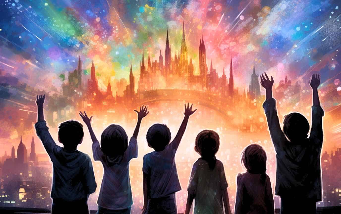 Children marvel at magical city.