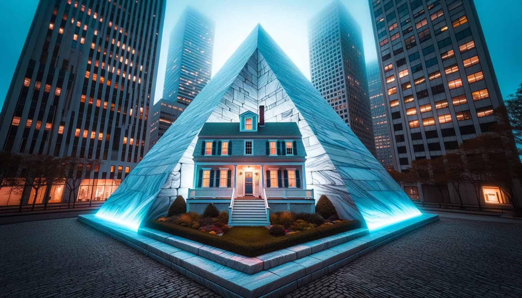 A normal house encased in a pyramid in a city