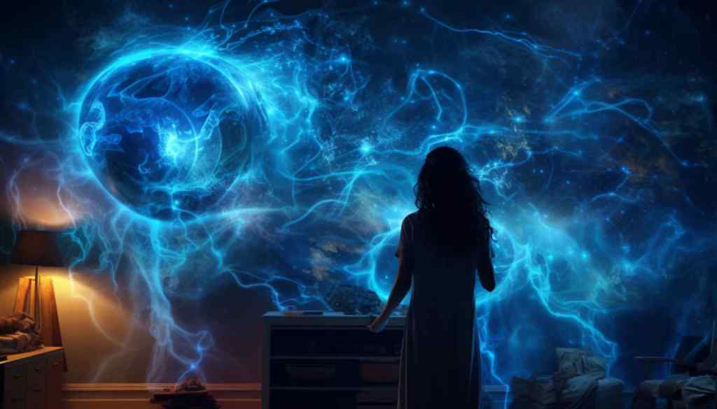 A blue light swirls in a living room as a young woman watches