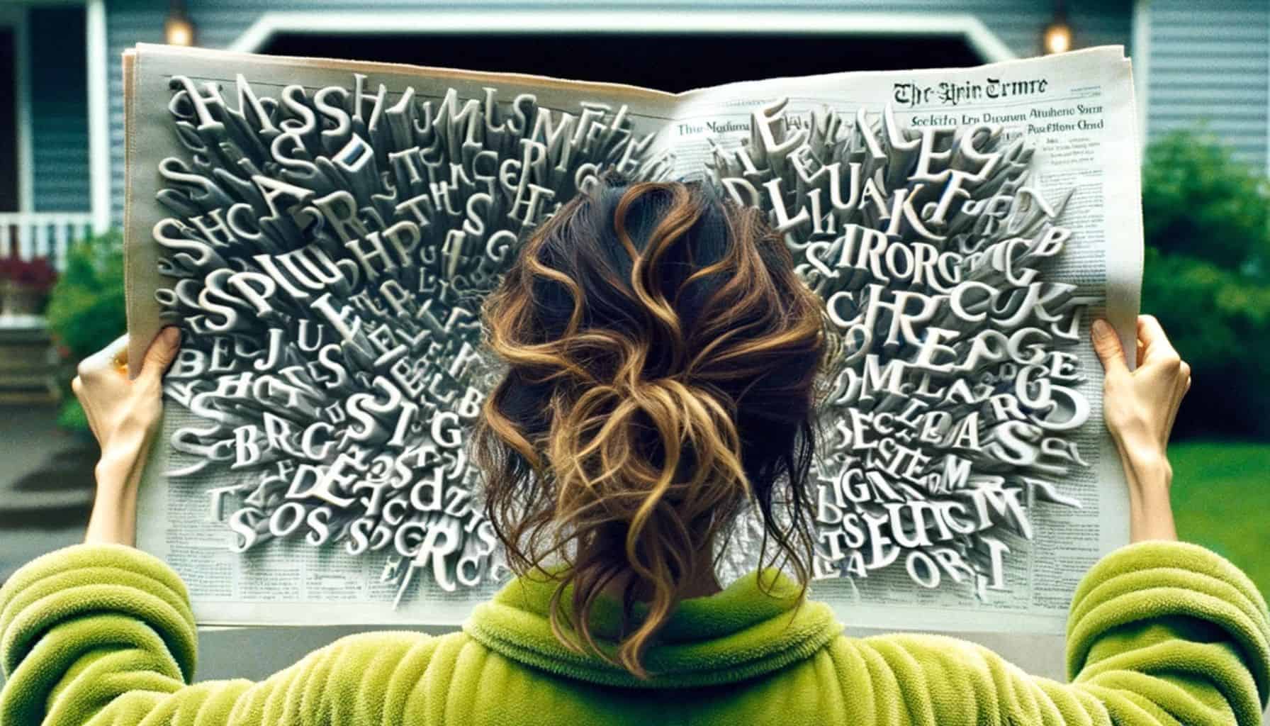 Woman trying to read a newspaper but the letters are jumbled.