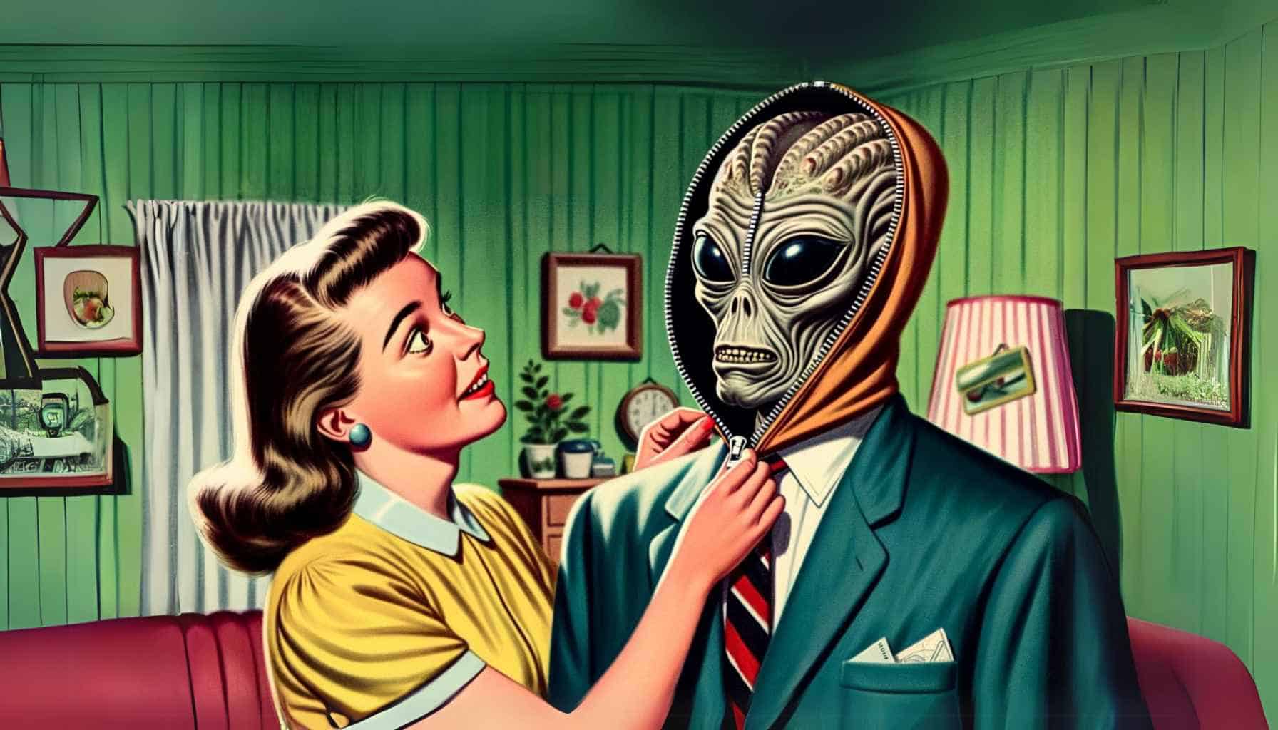 1950s Saturday Evening Post type imagery of a illustration of a woman straightening the tie of an alien.