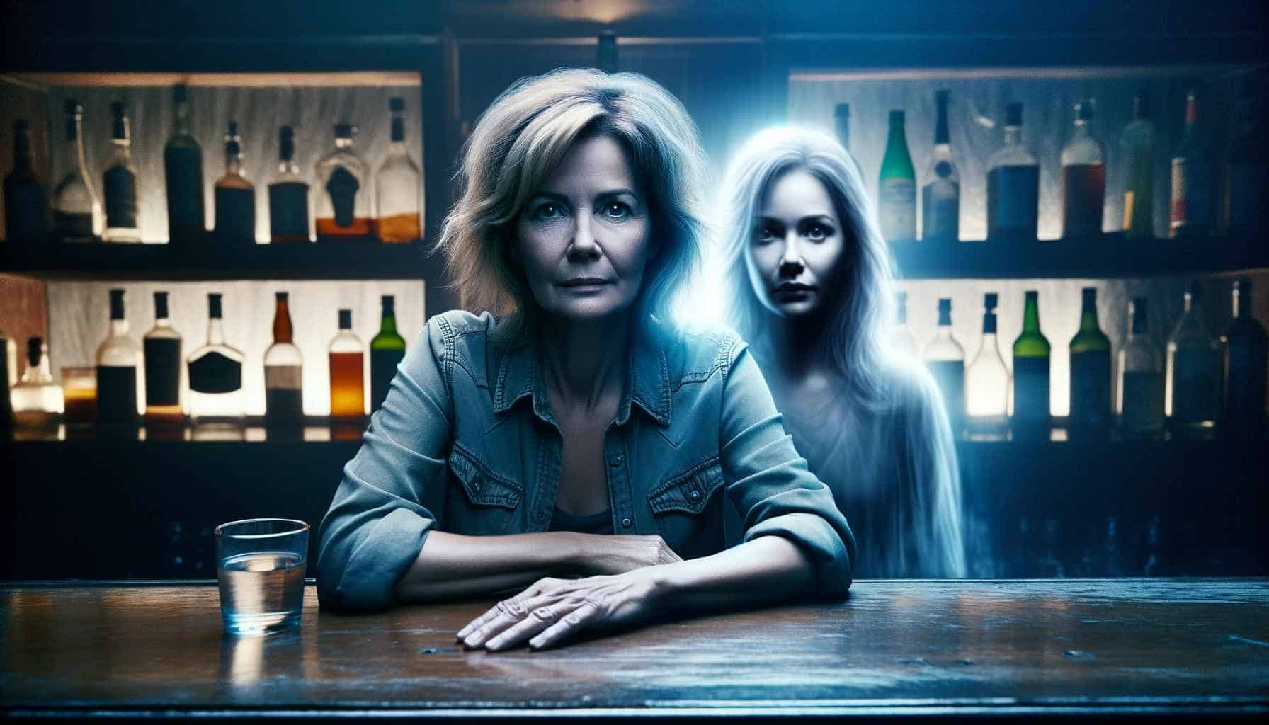 Middle aged woman at a bar with a ghostly younger version of herself behind her.