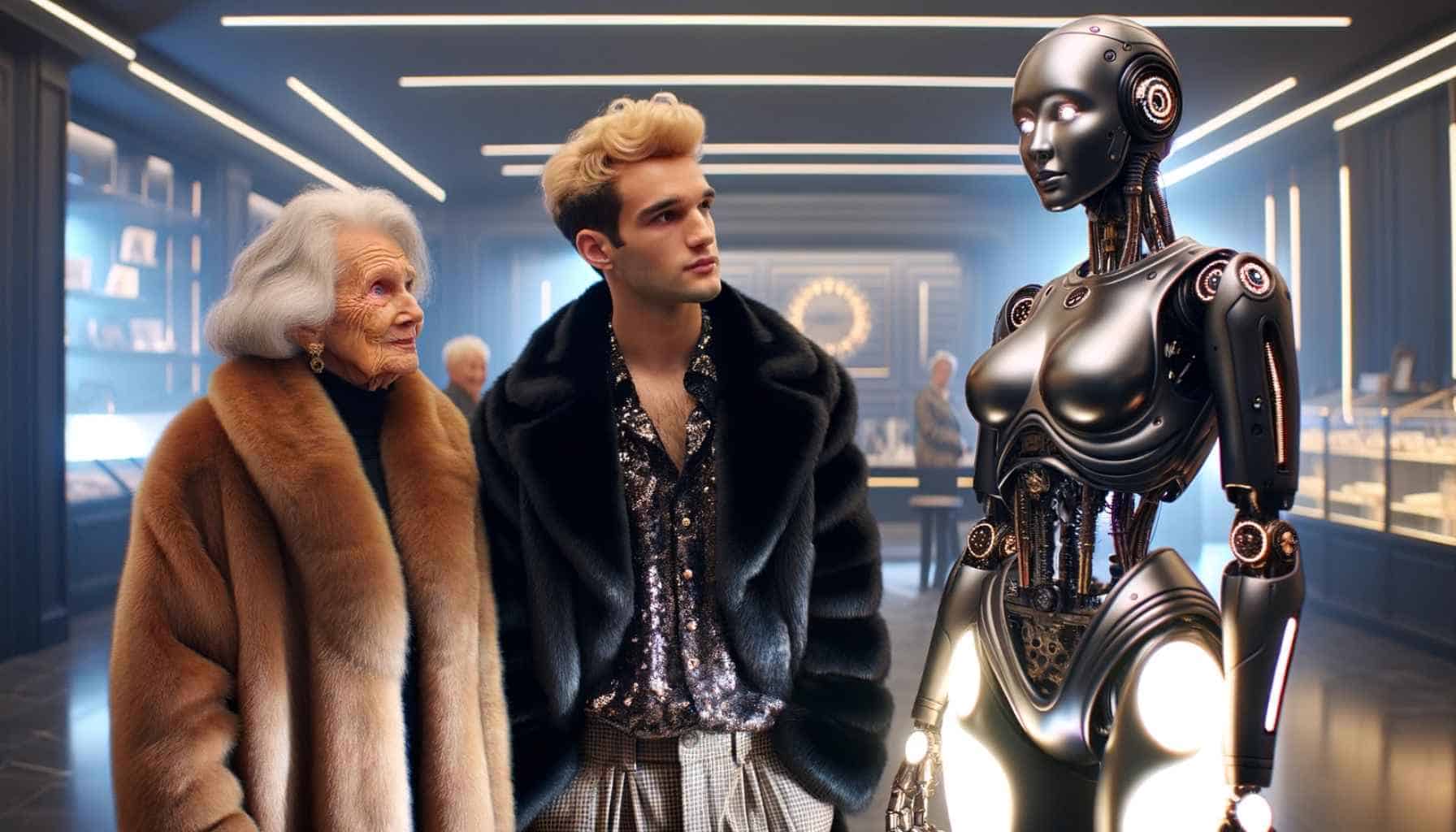 A rich elderly woman and a younger man shop for robots.