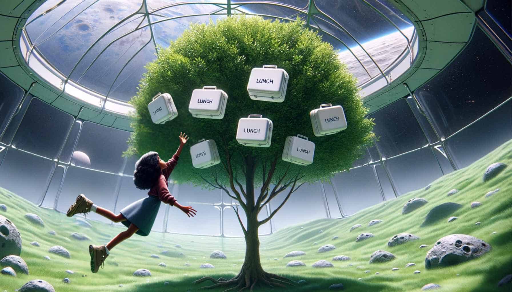 Under a dome on the moon, a girl jumps in low gravity to get a lunchbox out of a tree that grows them.