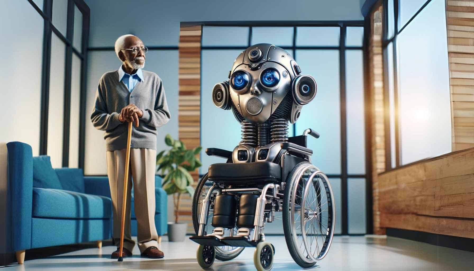 An elderly man is skeptical of a robot/wheelchair.