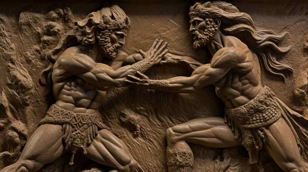 Statue of epic battle between Gilgamesh and Enkidu.