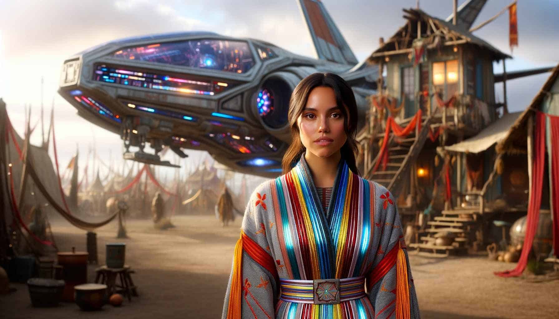 A woman stands confidently with a spaceship behind her.