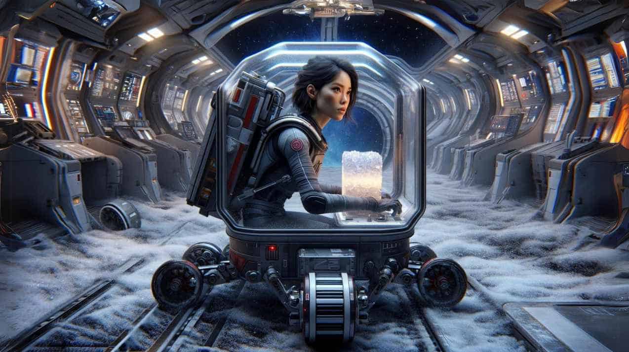 Female astronaut riding in crawler inside huge spaceship.