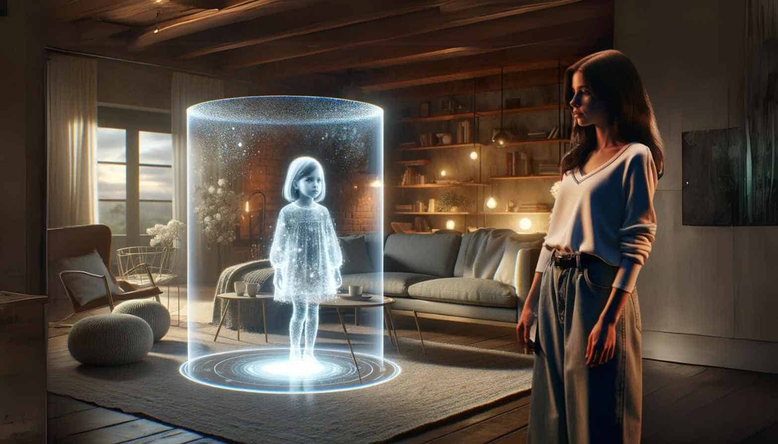 A 20 year old woman looks at a holograph of herself at age 7.