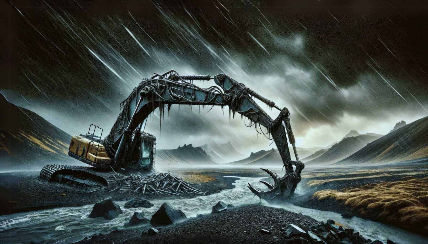 Image depicts a dramatic scene showing a twisted and mangled backhoe abandoned on rocky Icelandic terrain. The backdrop includes eerie, dark mountains and a stormy sky with horizontal rain showering down, creating a mysterious and supernatural feel to the image.