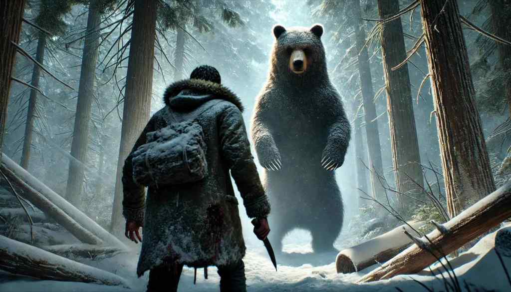 A bear confronts a man in the woods.